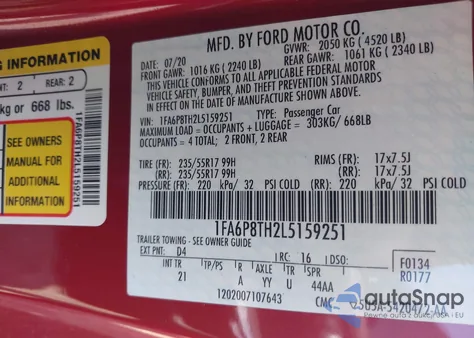 2020 Ford Mustang Ecoboost Fastback из США, поврежденный, VIN 1FA6P8TH2L5159251